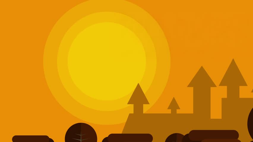 Halloween Title Card: 'Happy Halloween' with Orange Sky, Houses, and Bats