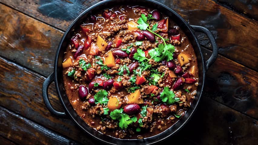 Overhead view of hot chili con carne with kidney beans, minced meat, and vegetables in a cast iron pot, garnished with fresh cilantro, served on rustic wooden table, cozy comfort food scene.
