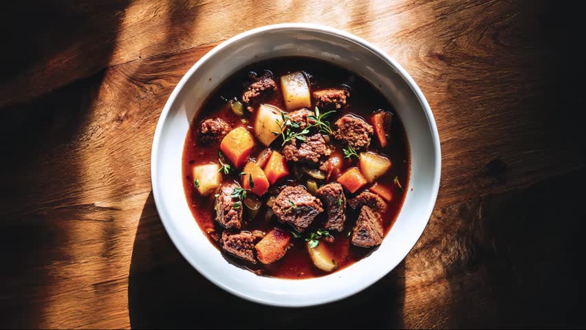 Close-up video of hearty beef stew with potatoes and vegetables in white bowl on rustic wooden table, perfect for cooking shows, recipe videos, restaurant promos, and comfort food themes.