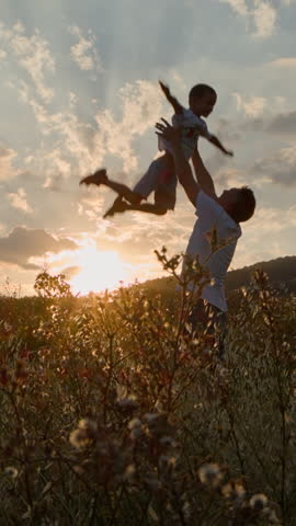 Silhouette of a father joyfully tossing his young son into the air in a field, with the golden sunset and soft clouds creating a warm, dreamy atmosphere.