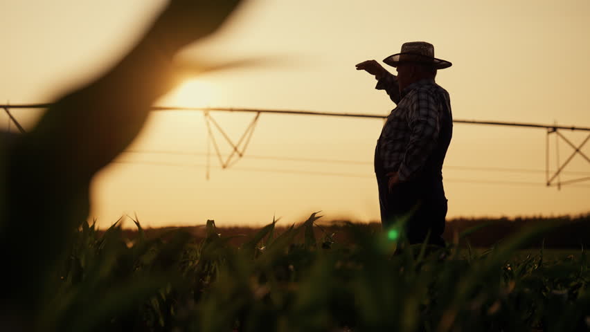 Tired farm worker looking at horizon in beautiful sunset or sunrise in farmland. Beautiful landscape in rural area and silhouette of old farmer viewing his own agricultural fields, cinematic shot