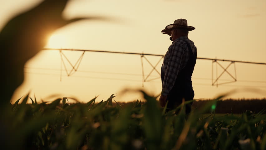 Old farmer dreaming about good harvest, backlit silhouette of aged man in field. Agribusiness and farming in ecological region, agronomist viewing huge agricultural lands in summer evening, in sunset