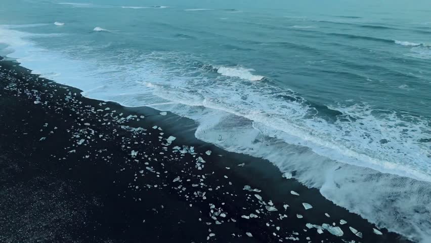 Aerial View of Iceland’s Diamond Beach with Icebergs