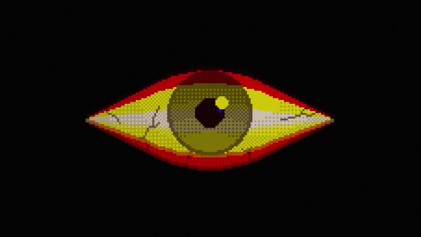 Looped pixel art animation of a bloodshot eye staring forward and blinking. Subtle RGB shake and vibration effects. Stylized retro digital aesthetic on black background.
