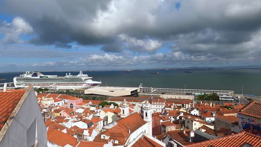 Panoramic Rooftop View Of Lisbon In Portugal, With Cruise Ship At Port