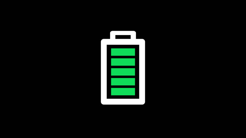 Low battery animated icon with green power level gradually decreasing to red, showing full to empty transition, perfect for mobile UI, device alerts, and power management graphics.