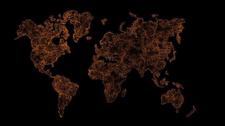 Abstract brown and orange glowing world map on black background. Digital particles form a global network, ideal for technology, communication, or business concepts. Seamless loop