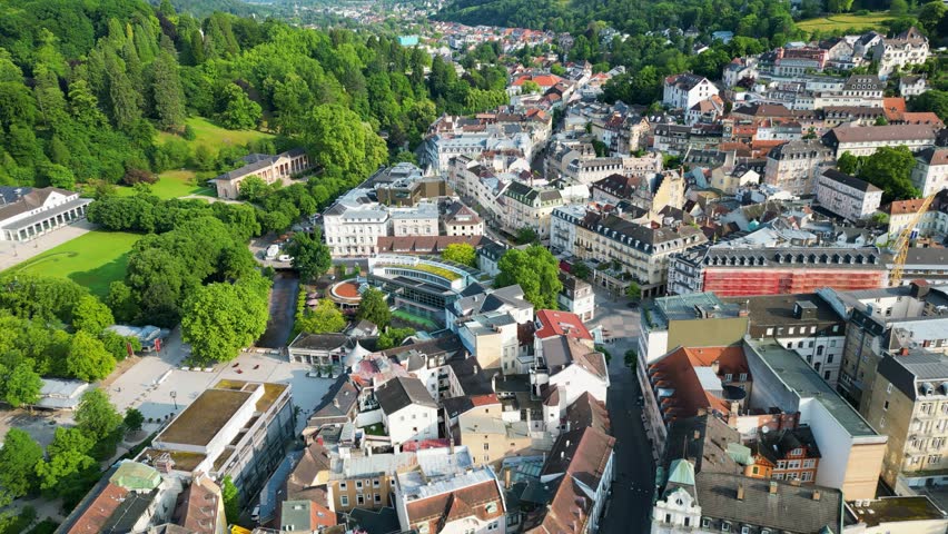 Aerial view of Baden-Baden reveals a charming city nestled amidst lush greenery and buildings with red roofs, Baden-Baden, Baden-Wurttemberg, Germany.