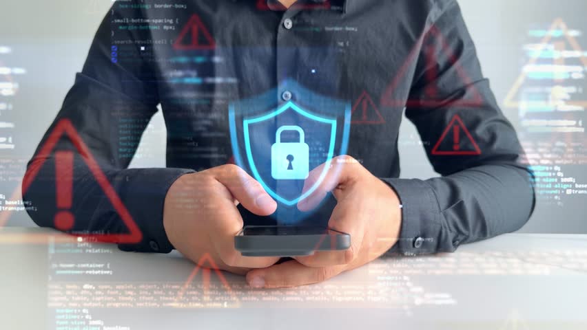 Network security system. Personal Data information on smartphone.Information and cyber security technology services. Protecting herself from cyber attacks and personal data.Portection data access. - Powered by Shutterstock - Get 15% off with code: PIKWIZARD15
