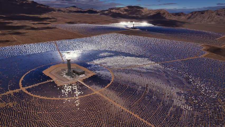 Aerial view of the Ivanpah Solar Electric Generating System, a vast array of mirrors reflecting sunlight onto power towers, Ivanpah, San Bernardino County, United States.