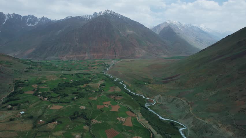 Beautiful drone view of valley in Skardu, Pakistan. Beautiful mountains, beautiful valley, lush green meadows, rural life, spa, nature, travelling, northern area of Pakistan, height, fresh blue water.