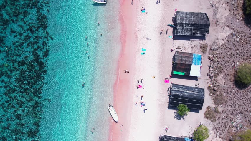 Aerial drone view of Pink Beach with turquoise water, in Indonesia, with tourists relaxing. Komodo National Park