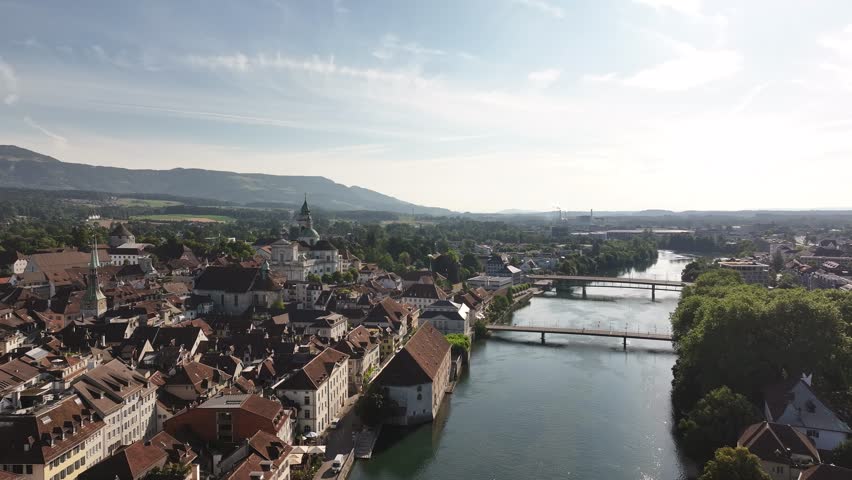 A bright aerial view showcases the city of Olten in Switzerland