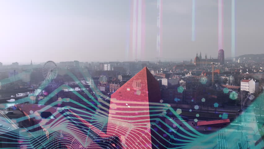 Aerial view of Gdańsk with the Museum of the Second World War, Old Town, and Ferris wheel, overlaid with colorful abstract graphs and data lines