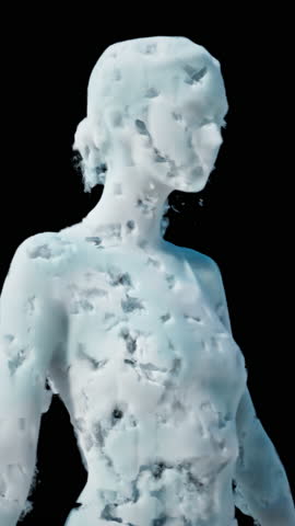 Ghostly female statue forms from vapor in pale blue tones over black background with camera tilt, for soul or AI concept visualization.