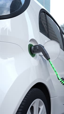 Close-up of black EV charger inserted into white car with green ring and urban reflection, for EV charger demo.