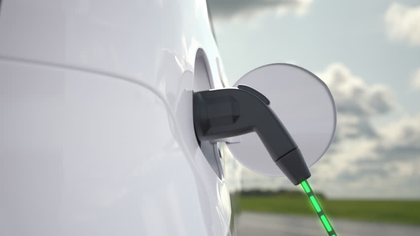 Rotating EV plug with green glow and cloudy reflection on white car body, for sustainable transport promo.