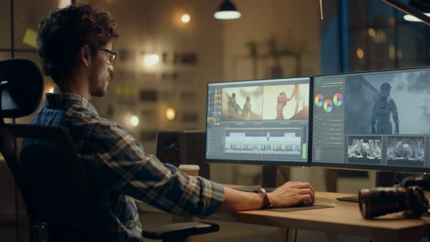 Young Male Designer Focuses on Video Editing at a Modern Office, Utilizing Monitors for Color Grading and Footage Editing. the Creative Process Involves Advanced Software and Digital Tools.