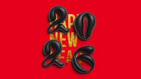 Horizontal 4K video. Animation for winter holiday with liquid bold font. Gold shiny bright shining text Happy New Year. Black hand drawn 3D numbers 2026 falling on red background. Volumetric letter - Powered by Shutterstock - Get 15% off with code: PIKWIZARD15