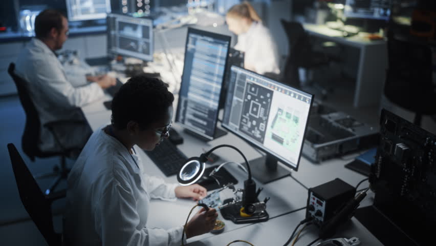 Female Engineer Works on Microchip Design in a High-tech Factory. Focused on Circuit Board Development, She Collaborates With Colleagues in an Advanced Electronics Manufacturing Facility.