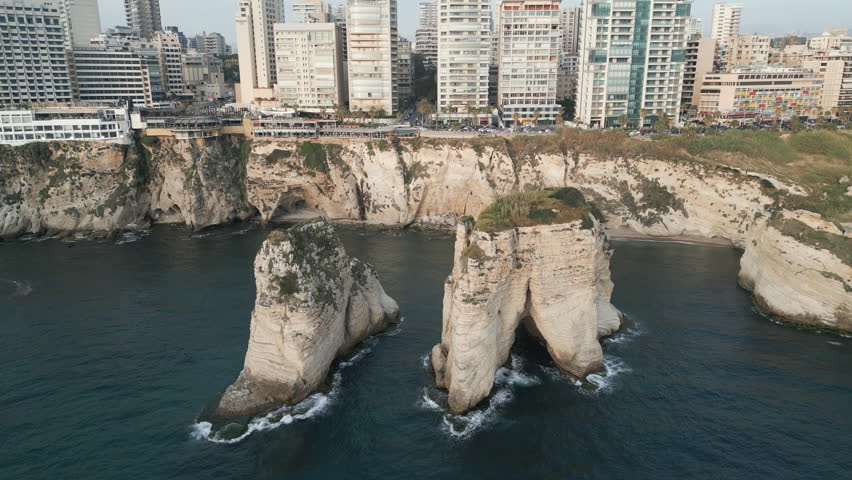 Aerial capture of a rocky Mediterranean coast in Beirut, Lebanon