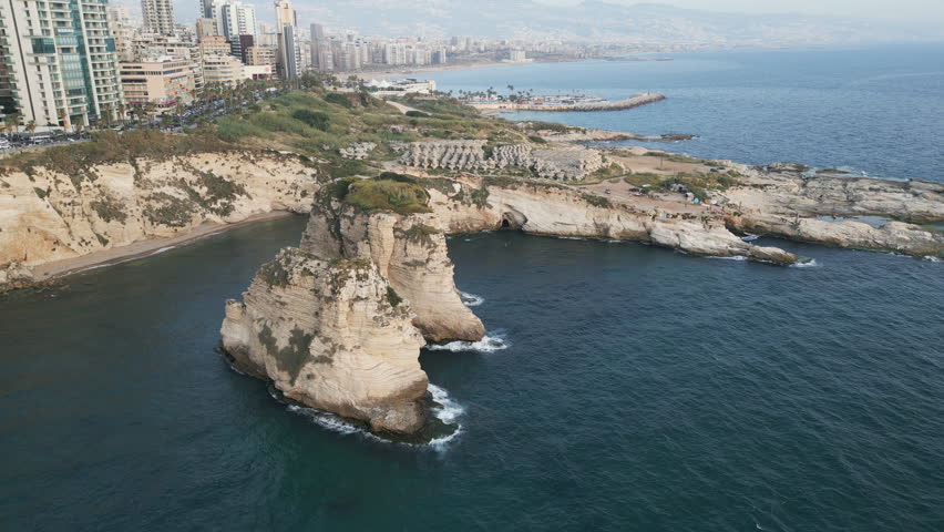 Aerial view of the Pigeon Rocks, a large natural stone formations located next to the coast of Beirut, Lebanon