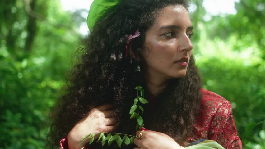 Close-up of a woman in a sari holding leafy branches, turning her head toward the camera amid greenery.