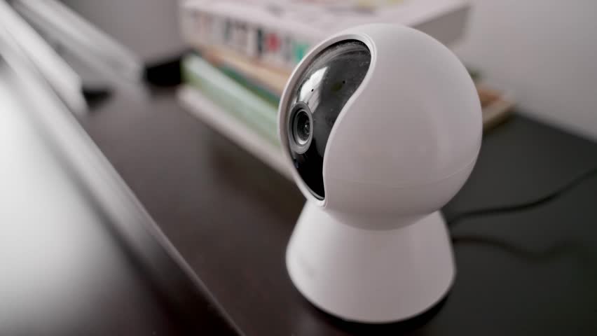 Security camera with sleek white housing and black lens dome, indoor wireless surveillance, home monitoring, property protection, smart home automation, and advanced safety systems, privacy security - Powered by Shutterstock - Get 15% off with code: PIKWIZARD15