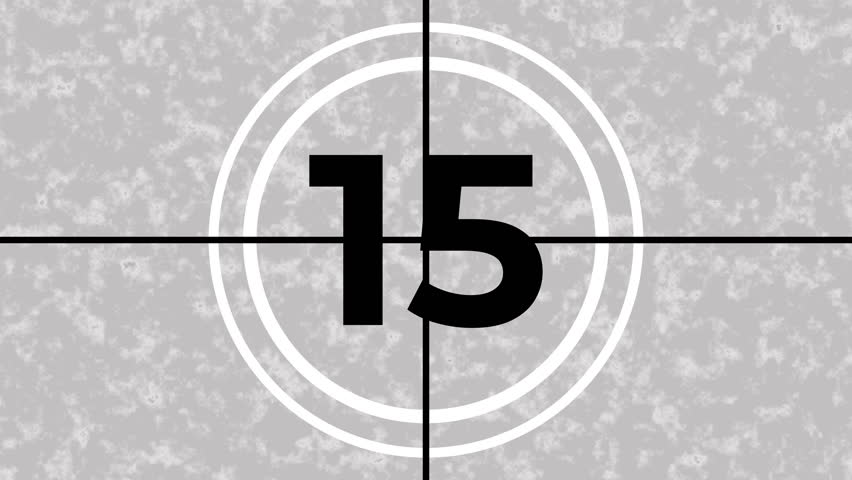 vintage film countdown 15 seconds from 15 to 0 second.