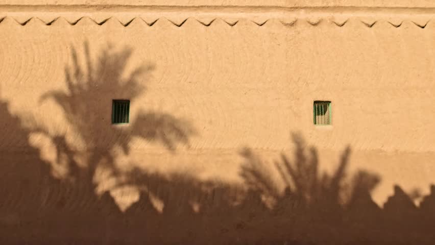 Riyadh, Saudi Arabia, 17.05.2025. Exterior of Al Murabba Historical Palace The Story of the Founding King s Palace in Riyadh. An old Arabic style wall with shadows of palm trees.