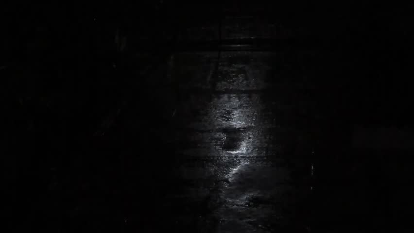 Heavy rain at night with strong winds and minimal lighting, casting shadows and creating a dark, tense, and dramatic atmosphere.