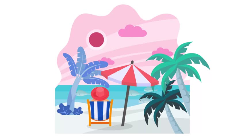 Person sitting on deckchair and enjoying Sunlight wearing hat animation, Dreamy Island Escape animated video, Nature and landscape Clip, Scenic Summer Season footage, Idyllic resort motion graphics
