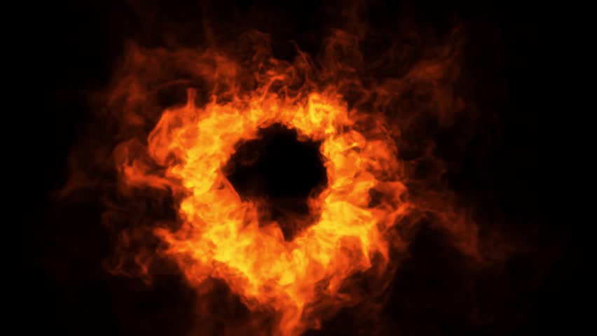 Fiery ring vortex with glowing orange and yellow flames on black background, ideal for fantasy portals, dramatic intros, elemental effects, and cinematic visual overlays