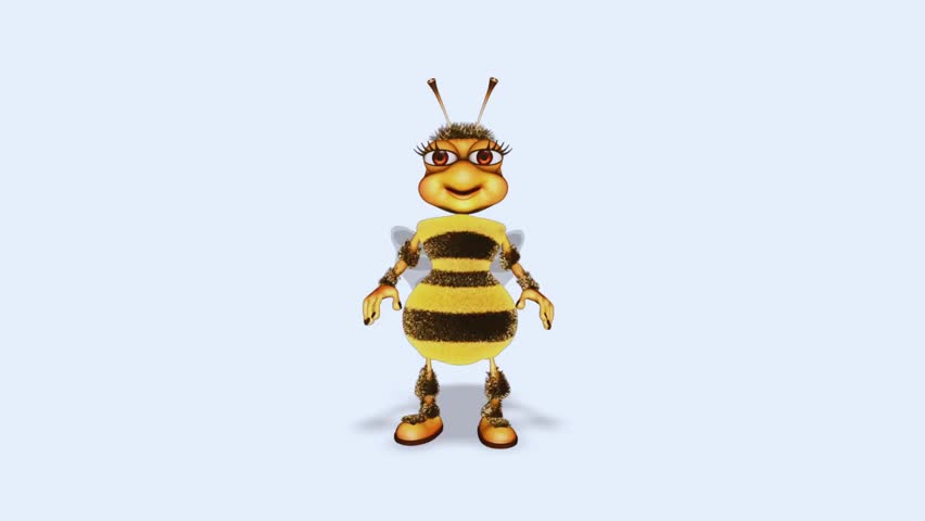 A cheerful and cute cartoon bee character with big expressive eyes, happily flying through a colorful meadow full of flowers. Set in a bright, fun, and nature-filled landscape, this playful mascot ill
