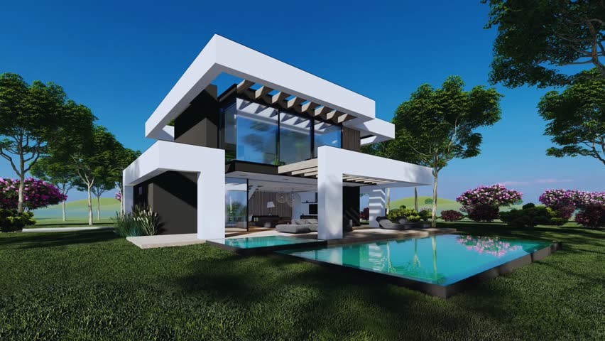 A luxurious modern villa exterior with a landscaped garden, contemporary architectural design, and elegant facade. Perfect for real estate promotions, housing investment concepts, and upscale resident