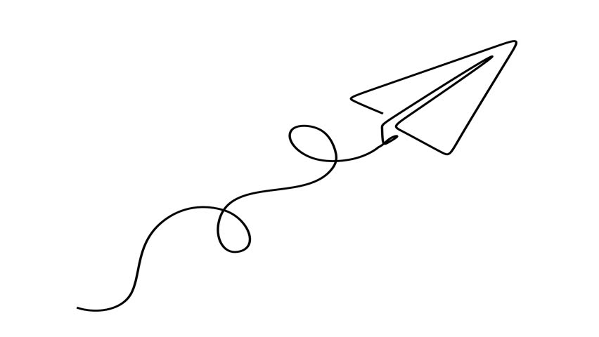 Animated self drawing of continuous line draw origami paper plane flying. Full length one line animation. 4K	