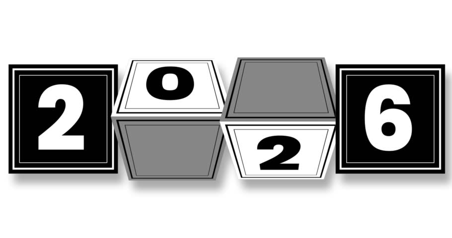 Seamless loop animation where 2025 flips to 2026 on monochrome cubes, with smooth transitions and pauses, ideal for elegant New Year countdowns and minimalist festive video projects