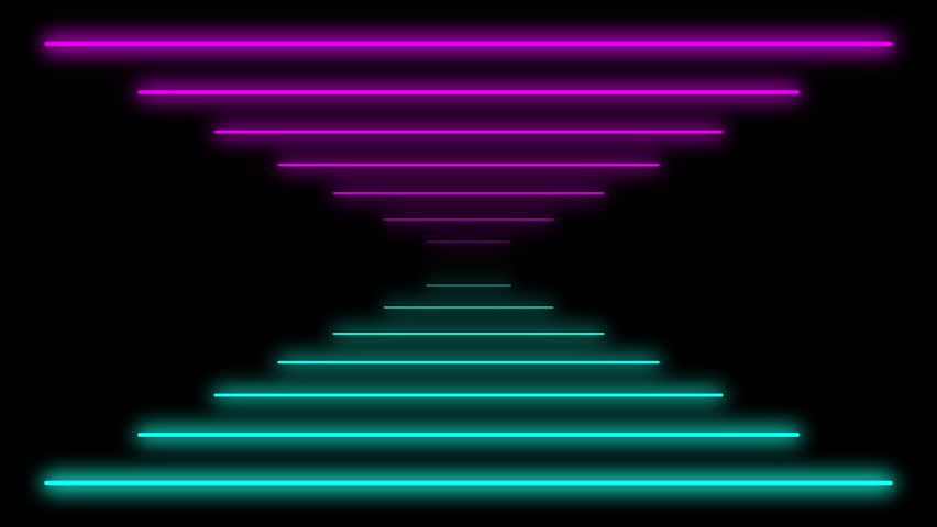 Futuristic tunnel animation with pink and turquoise glowing bars moving from the center toward the viewer. Black background, seamless loop, 4K horizontal video.