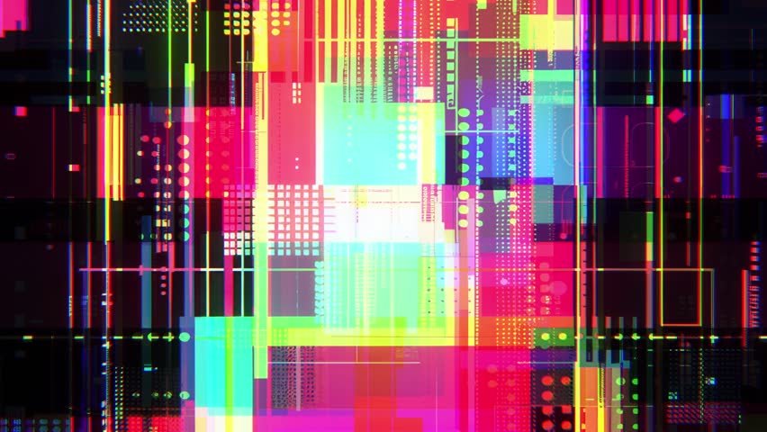 Dense grid of cyan magenta yellow panels, pixel particles and glass rectangles, parallax data lattice and framing lines, hi-tech digital geometric glitch VJ visual animated cyberpunk vibe background 
