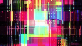 Dense grid of cyan magenta yellow panels, pixel particles and glass rectangles, parallax data lattice and framing lines, hi-tech digital geometric glitch VJ visual animated cyberpunk vibe background  - Powered by Shutterstock - Get 15% off with code: PIKWIZARD15