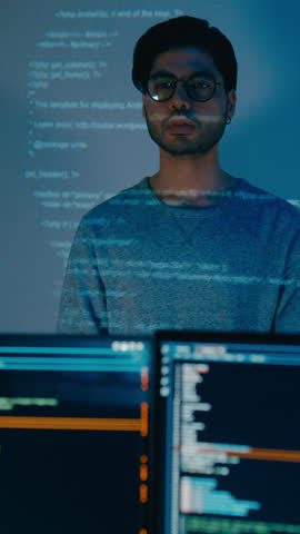 Vertical Screen : Group adult Asia male software developers mentor leader manager talk strategy plan to executive write prompt AI bot IT app nomad, designer, data center. Projecting slideshow code.