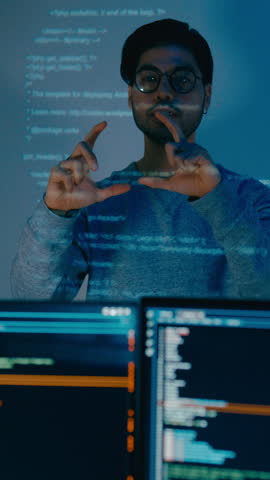 Vertical Screen : Group adult Asia male software developers mentor leader manager talk strategy plan to executive write prompt AI bot IT app nomad, designer, data center. Projecting slideshow code.