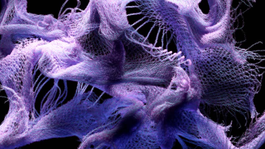 3d render of abstract art video with surreal textile drape in fluffy wool material in deformation transformation process in curved waved lines forms in purple and blue gradient color on black back 