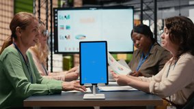 Businesswomen use a copy space display and charts to pitch career vision, transforming isolated space into interactive charts, goals and insights as part of strategic work environment. Camera A. - Powered by Shutterstock - Get 15% off with code: PIKWIZARD15