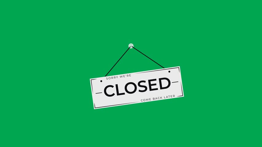 Rectangle hanging closed sign board swinging in seamless loop animation on green screen. 4K animated for store closings, signage announcements, overlays, and business promotions.