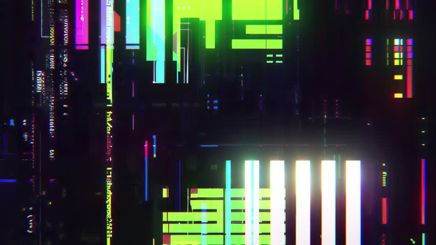 Vertical columns of neon green, cyan and magenta on black with shutter streaks, pulses and parallax grid movement, hi-tech digital geometric glitch VJ visual animated background cyberpunk texture
