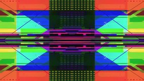 Mirrored kaleidoscope of lime, cyan, magenta and orange rectangles with concentric lines and RGB scanlines, crisp symmetry, hi-tech digital geometric glitch VJ visual animated background texture - Powered by Shutterstock - Get 15% off with code: PIKWIZARD15
