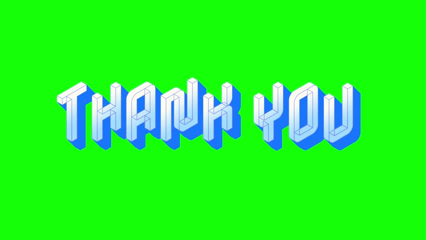 3D extrude text animation displaying the words THANK YOU on a green screen background. Bold, dynamic design in seamless looping video, ideal for broadcast overlays, streaming outros, and video product