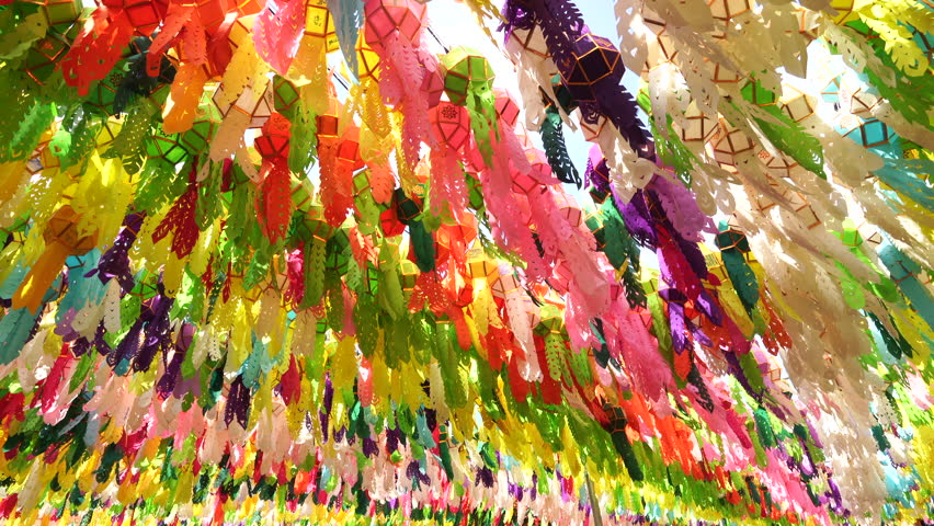 Many hanging paper lanterns are seen celebrating the Yi Peng or Loi Krathong festival in northern Thailand.