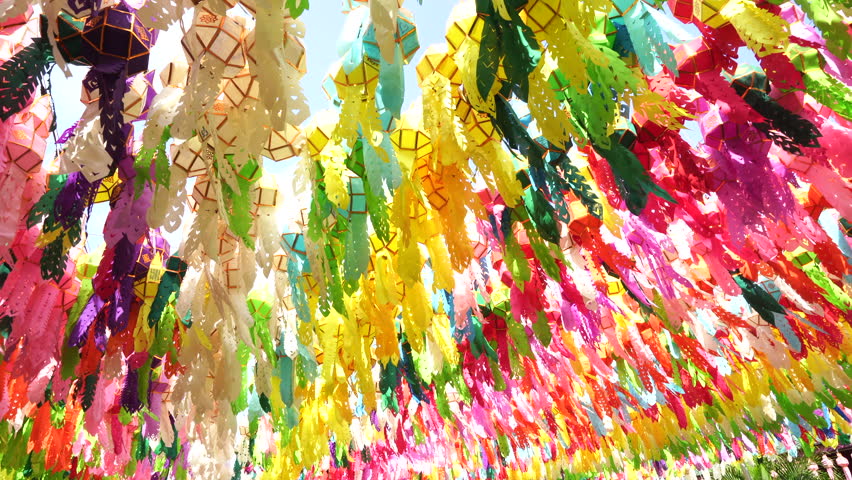 Many hanging paper lanterns are seen celebrating the Yi Peng or Loi Krathong festival in northern Thailand.